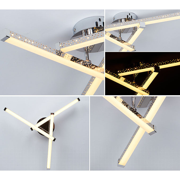 Modern Minimalist Stainless Steel Iron Triangular Hollow LED Semi-Flush Mount Ceiling Light For Living Room &amp; Bedroom