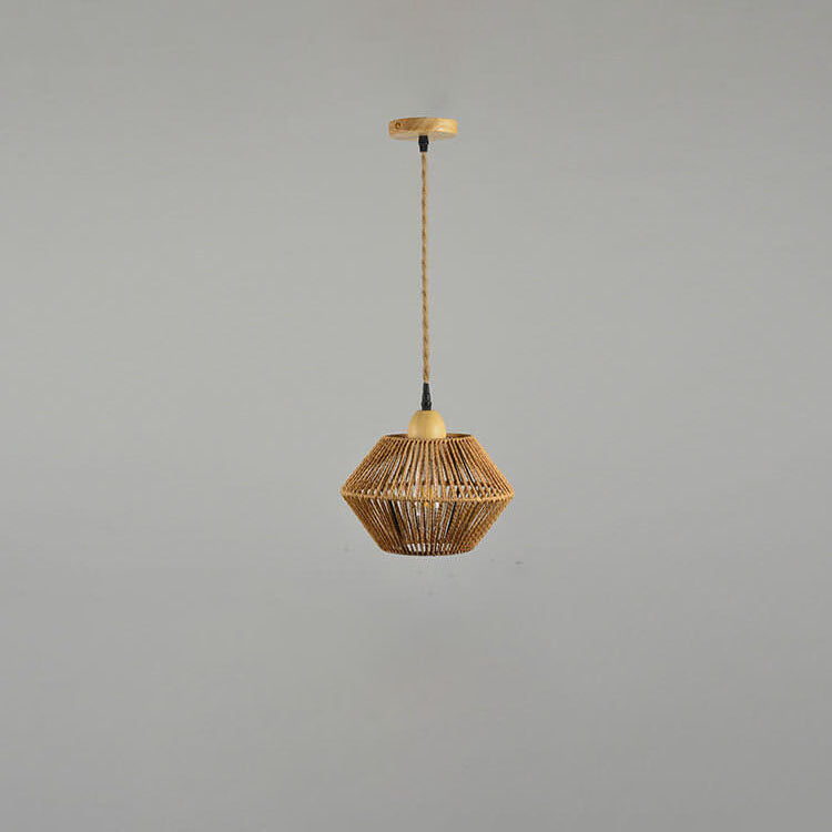 Traditional Vintage Solid Wood Rope Weaving Lantern Cage Wood 1-Light Pendant Ceiling Light for Living Room