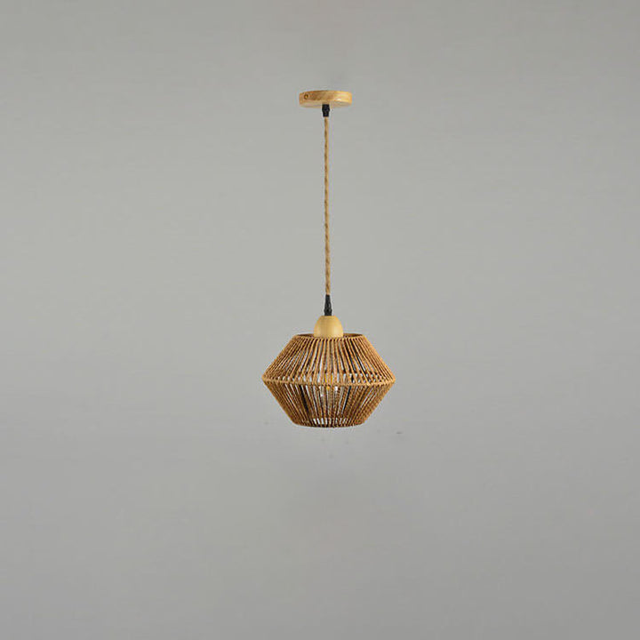 Traditional Vintage Solid Wood Rope Weaving Lantern Cage Wood 1-Light Pendant Ceiling Light for Living Room