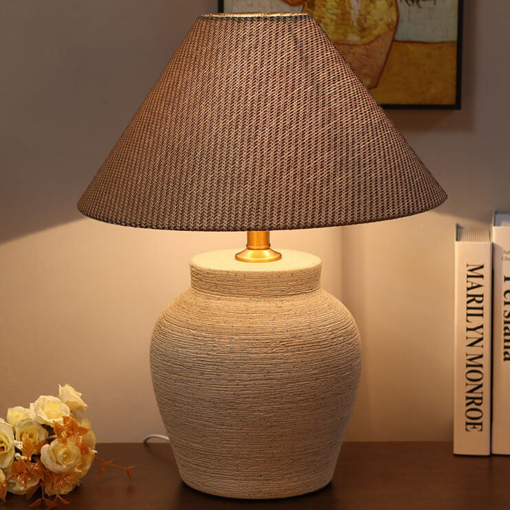 Chinesische Retro-Vase Basis Keramik Leinen 1-Licht Tischlampe 