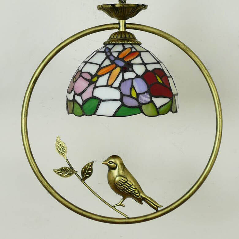 Tiffany Rustic Dome Stained Glass Ring Bird Design 1-Light Pendant Light