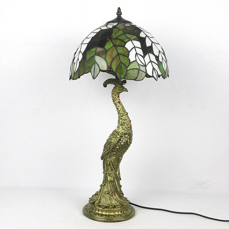 European Tiffany Stained Glass Round Peacock Resin Base 1-Light Table Lamp