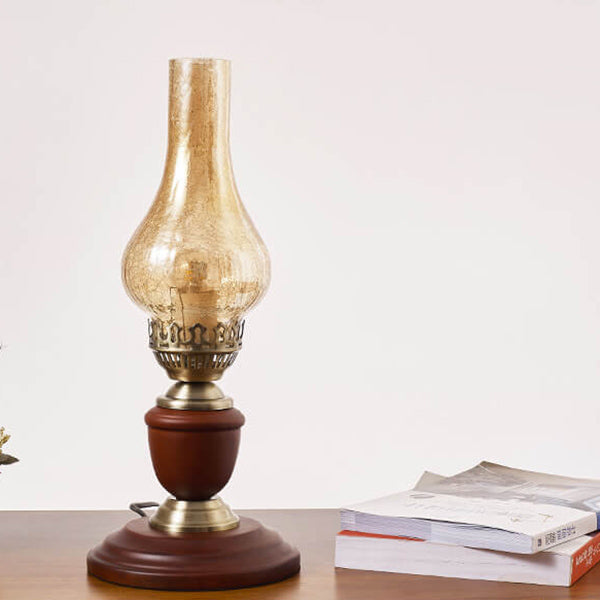 Vintage All Brass Wooden Glass Kerosene Lamp Design 1- Light Table Lamp