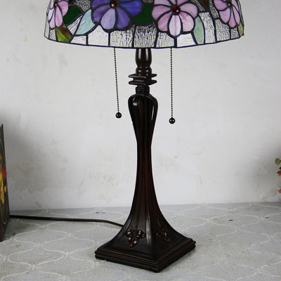Tiffany-Tischlampe mit zweiflammiger Kuppel aus Buntglas mit Blumenmuster 