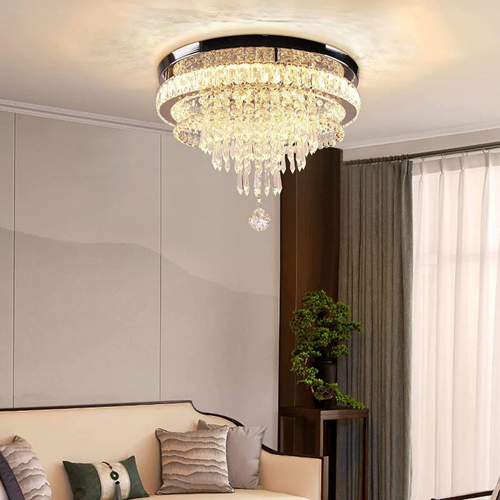Contemporary Luxury Crystal Stainless Steel Round Tassel LED Flush Mount Ceiling Light For Living Room & Bedroom