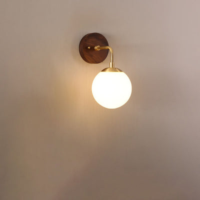 Nordic Walnut Brass Glass Orb 1-Light Wall Sconce Lamp