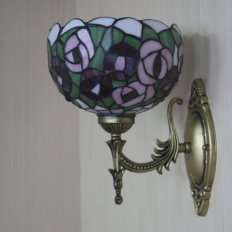 Tiffany Pink Rose Stained Glass Bowl 1-Light Wall Sconce Lamp