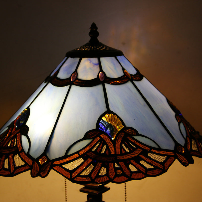 Lámpara de mesa de 2 luces con cordón de tiro en forma de cono de vidrio teñido estilo Tiffany Mediterráneo 