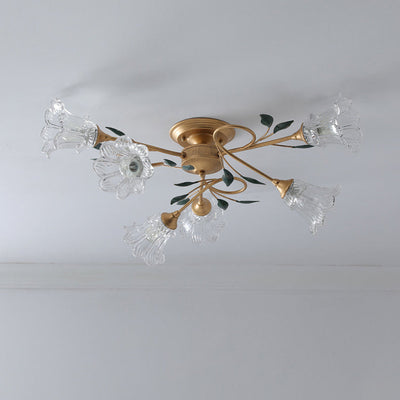 Traditional European Floral Iron Glass 6/8/10 Light Semi-Flush Mount Ceiling Light For Bedroom