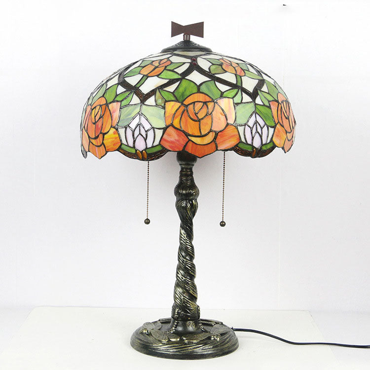 Lampe de table traditionnelle à 2 lumières en forme de dôme en verre teinté libellule Tiffany Rose pour étude 