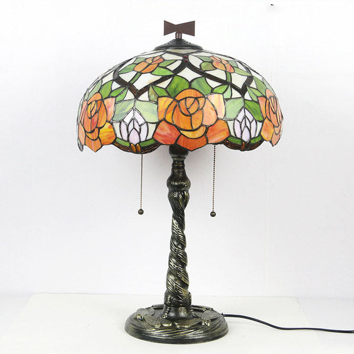 Lampe de table traditionnelle à 2 lumières en forme de dôme en verre teinté libellule Tiffany Rose pour étude 