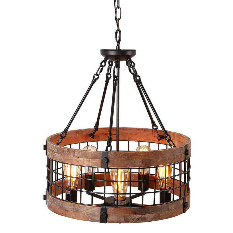 Lámpara de Araña Industrial Retro Marrón con Rejilla de Tambor de 3/5 Luces 