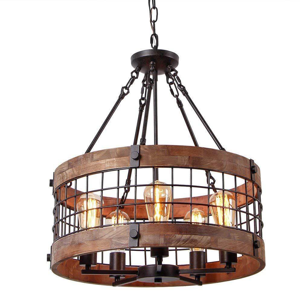 Lámpara de Araña Industrial Retro Marrón con Rejilla de Tambor de 3/5 Luces 