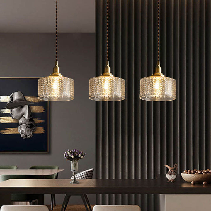 Traditional Vintage Round Wavy Glass Copper 1-Light Drum Pendant Light For Living Room