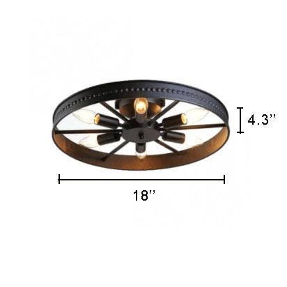 Industrial Wrought Iron Wheel 6-Light Flush Mount Lighting