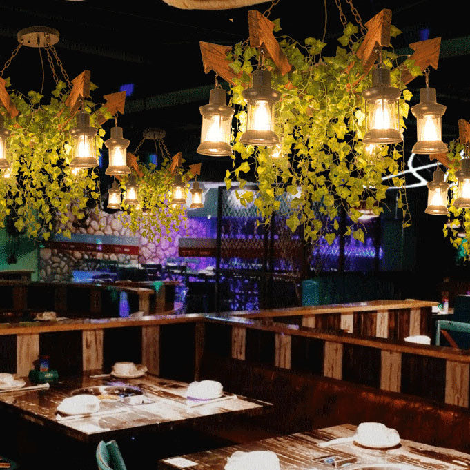 Wood Arrow Flower Plant 6-Light Lantern Shade Chandeliers 2 Design