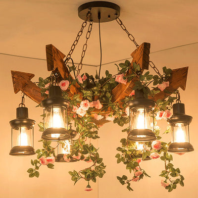 Wood Arrow Flower Plant 6-Light Lantern Shade Chandeliers 2 Design