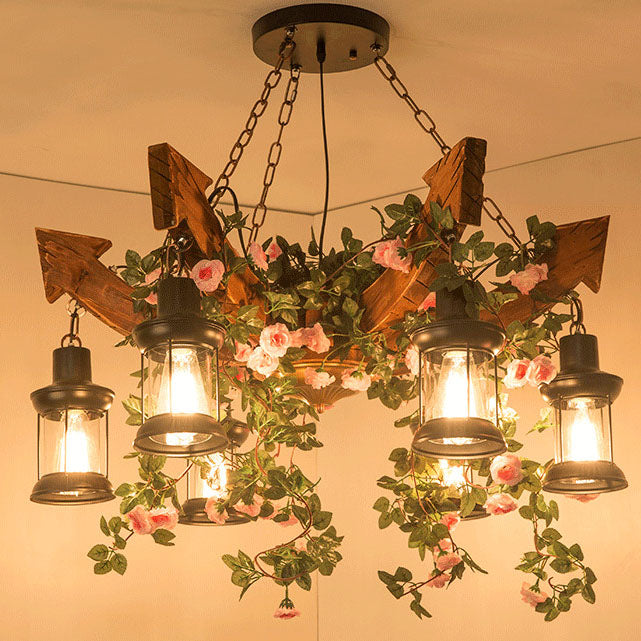 Wood Arrow Flower Plant 6-Light Lantern Shade Chandeliers 2 Design
