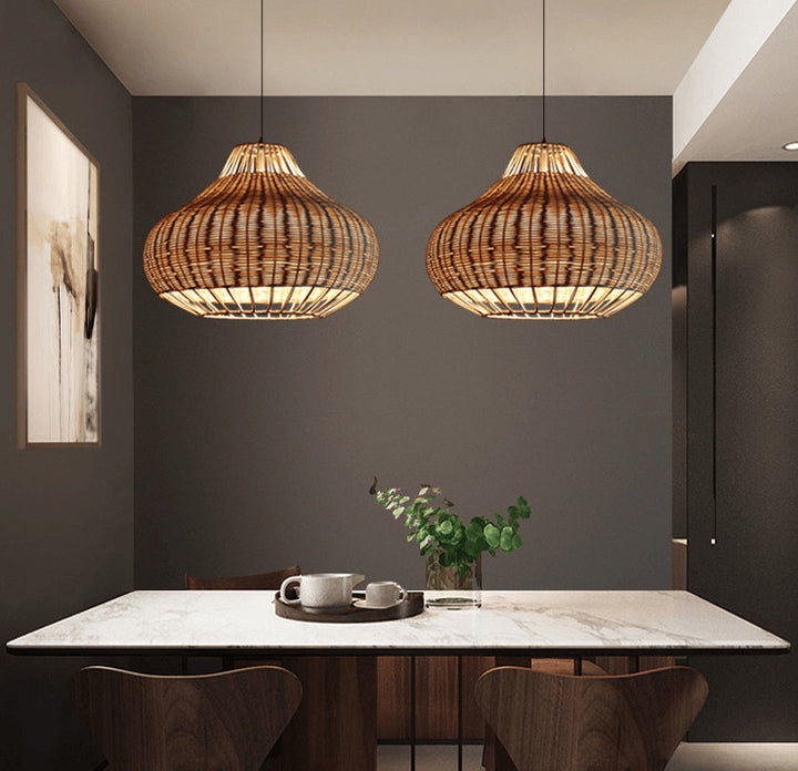 Moderner Rattan 1-Licht Birnenförmige Pendelleuchte 