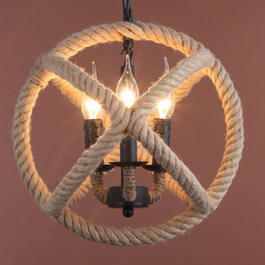 Industrielle Hanfseil-Kugel 3-Licht-Kerzen-Kronleuchter 