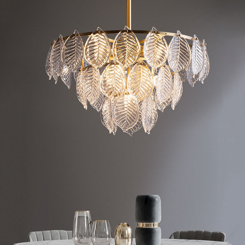 Modern Clear Glass Leaf 5/10 Light Triple Chandeliers