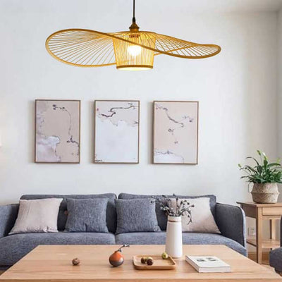 Japanese Element Bamboo Weaving Fisherman's Hat 1-Light Pendant Light