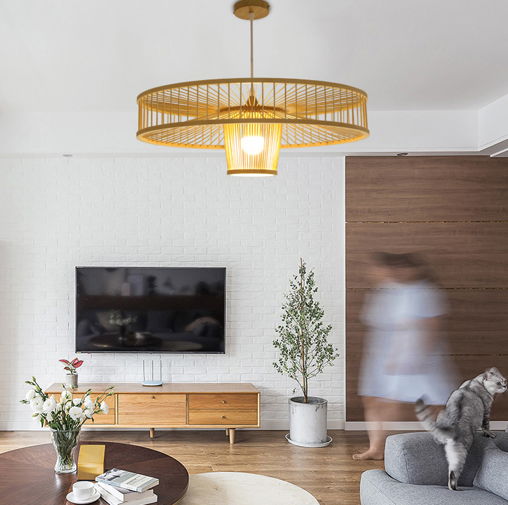 Lámpara colgante de bambú moderno con pantalla de tambor de 1 luz 