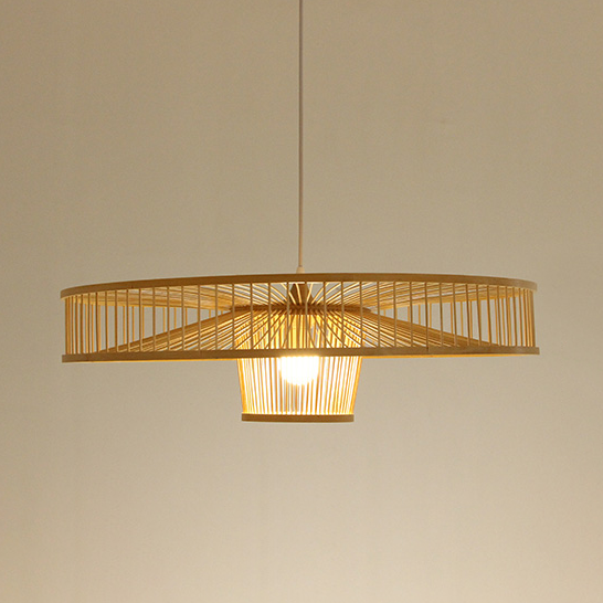 Moderne Bambusweberei 1-Licht Drum Saucer Pendelleuchte 