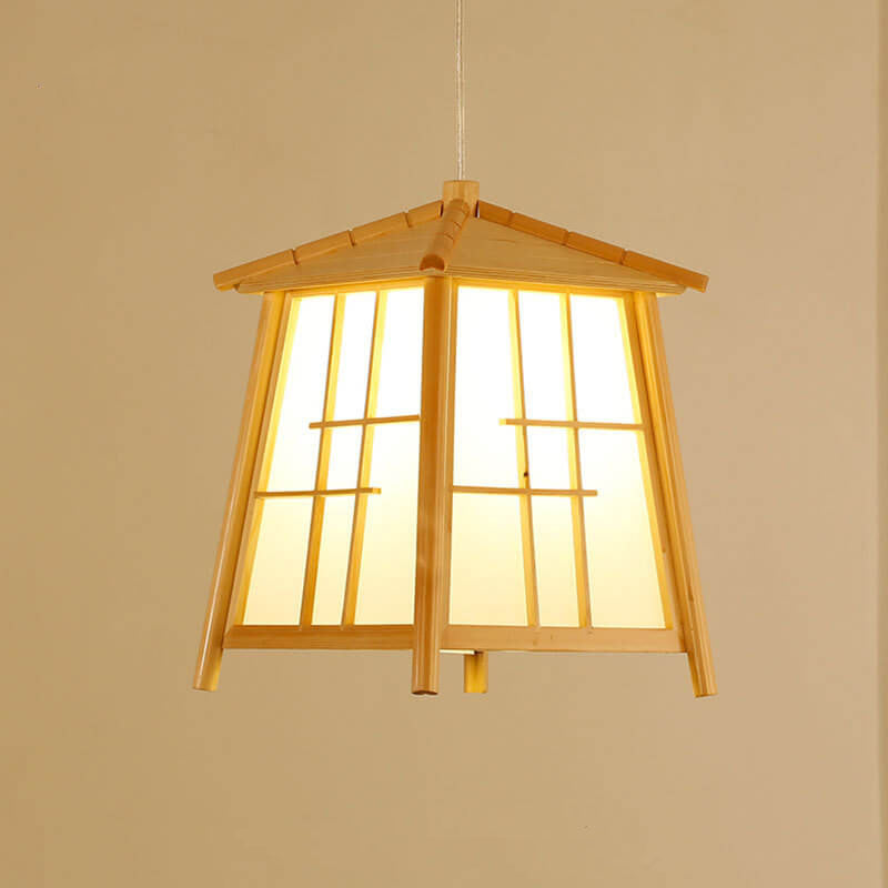 Wood House Shaped 1-Light Chinese Elements Pendant Light