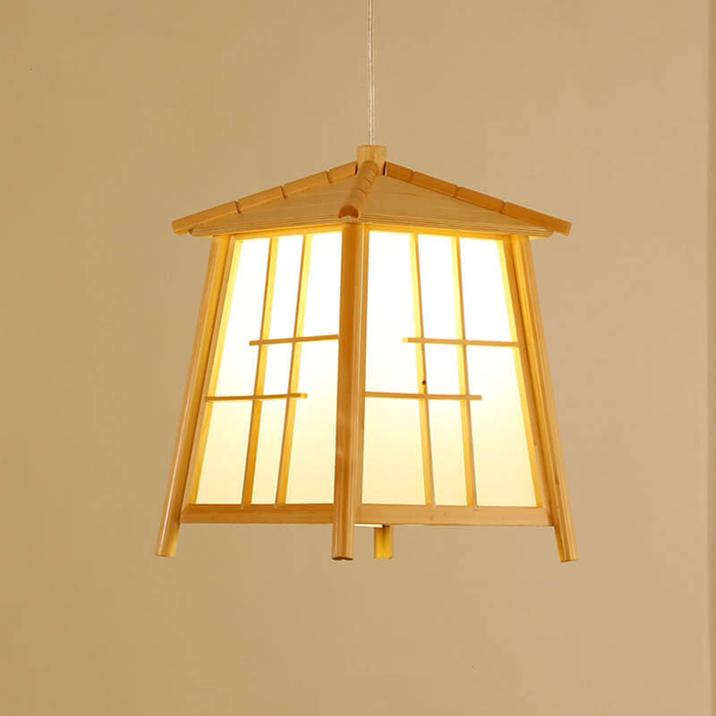 Wood House Shaped 1-Light Chinese Elements Pendant Light