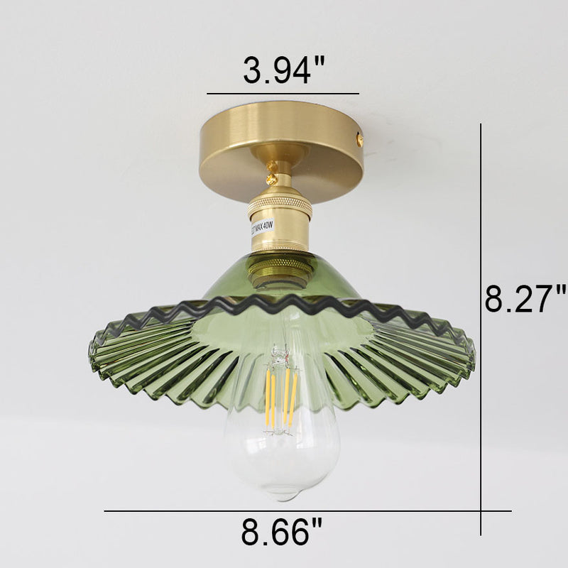 Japanese Vintage Glass Brass Lotus 1-Light Semi-Flush Mount Ceiling Light