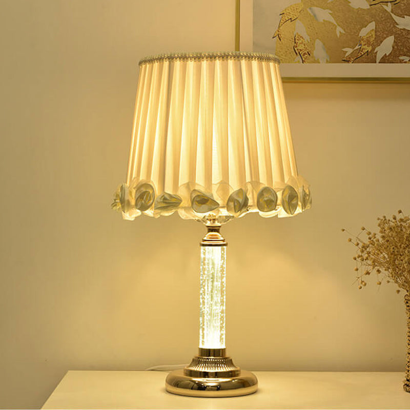 European Floral Fabric Shade Crystal Lamp Base 1-Light Table Lamp