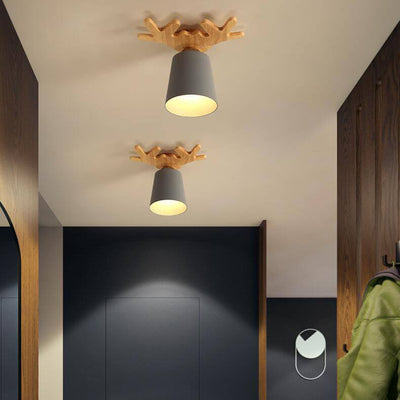 Nordic Minimalist Antler Wood Cone 1-Light Semi-Flush Mount Ceiling Light