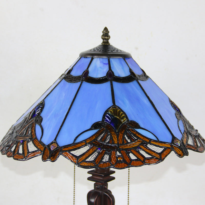 Tiffany Mediterranean Stained Glass Cone Pull Cord 2-Light Table Lamp