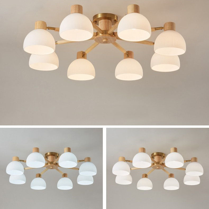 Plafón de techo tradicional japonés Wabi-sabi de madera de caucho, herrajes y vidrio de 3/6/8 luces para sala de estar 