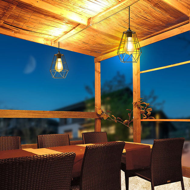 Lámpara colgante LED solar de exterior para patio, con diseño moderno minimalista de jaula geométrica en acero inoxidable y ABS 