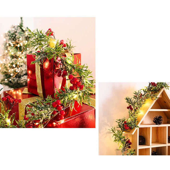 Guirlande lumineuse décorative à piles avec LED, fil de cuivre, aiguilles de pin, fruits rouges de Noël 