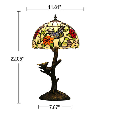Lampe de table à 1 lumière en verre teinté avec design de papillon et rose Art Tiffany 
