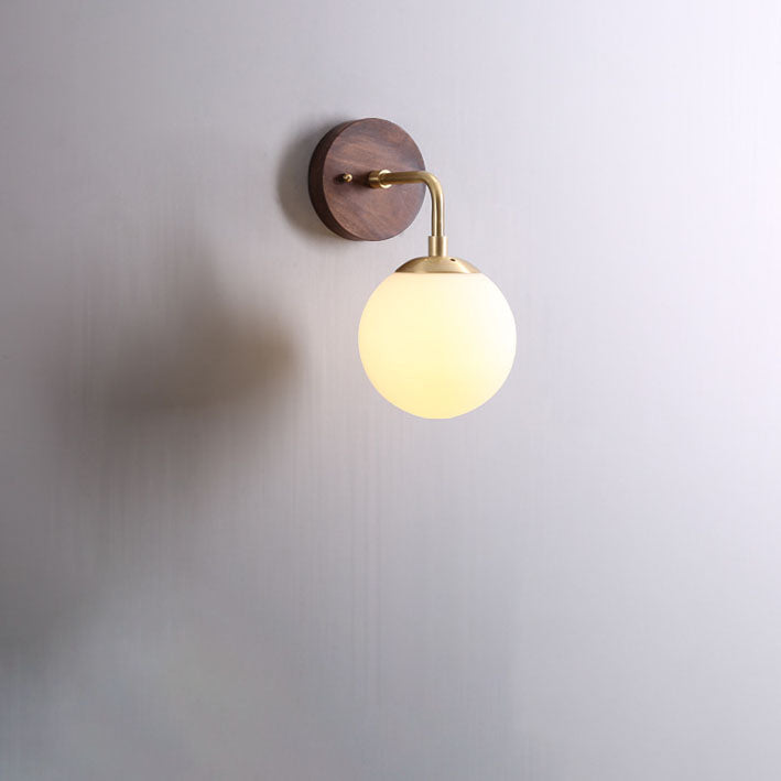Contemporary Nordic Walnut Brass Glass Round Orb 1-Light Wall Sconce Lamp for Living Room