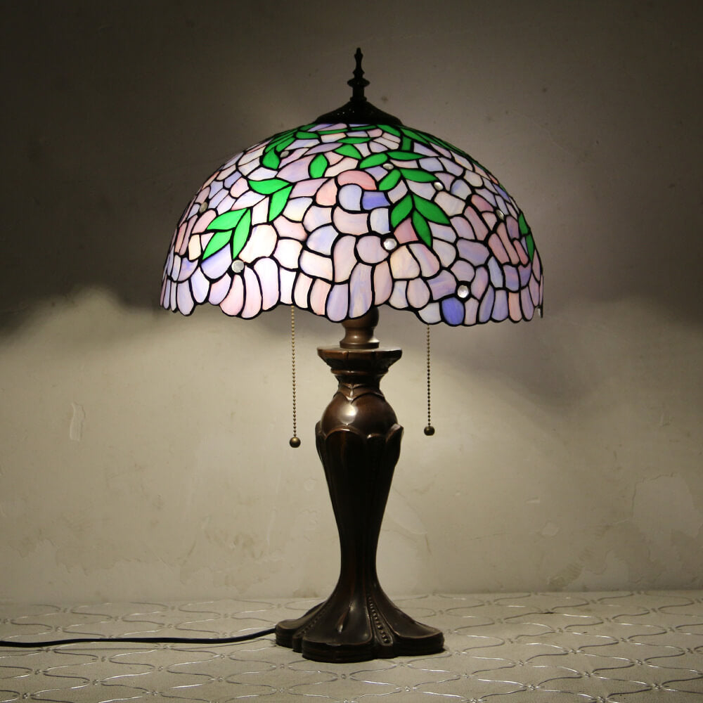 Lampe de table Tiffany avec fleur rétro européenne en verre teinté à 1 lumière avec cordon de tirage 