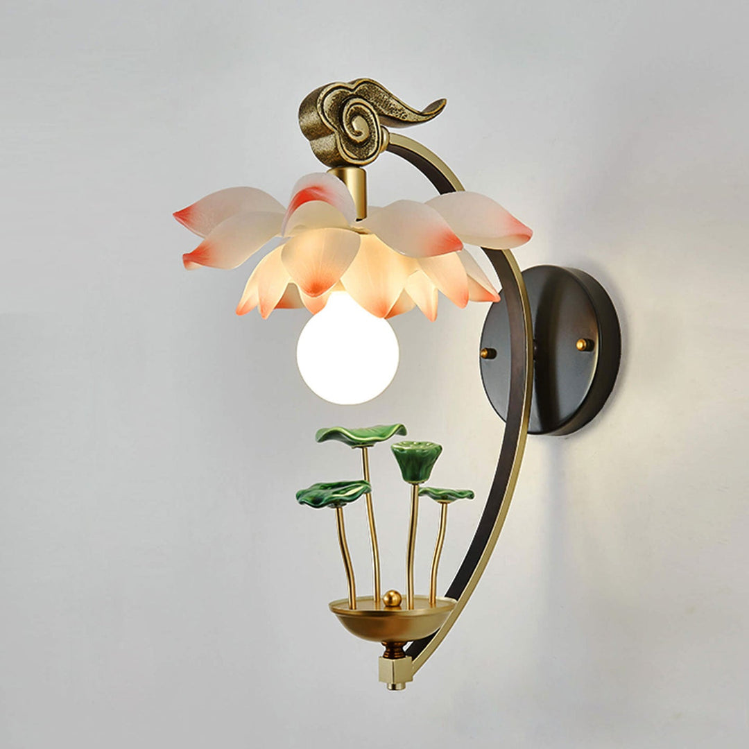 Applique murale moderne en céramique de lotus chinois à 1 lumière en résine 
