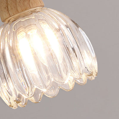 Japanese Vintage Wood Glass Cone Flower 1-Light Semi-Flush Mount Ceiling Light