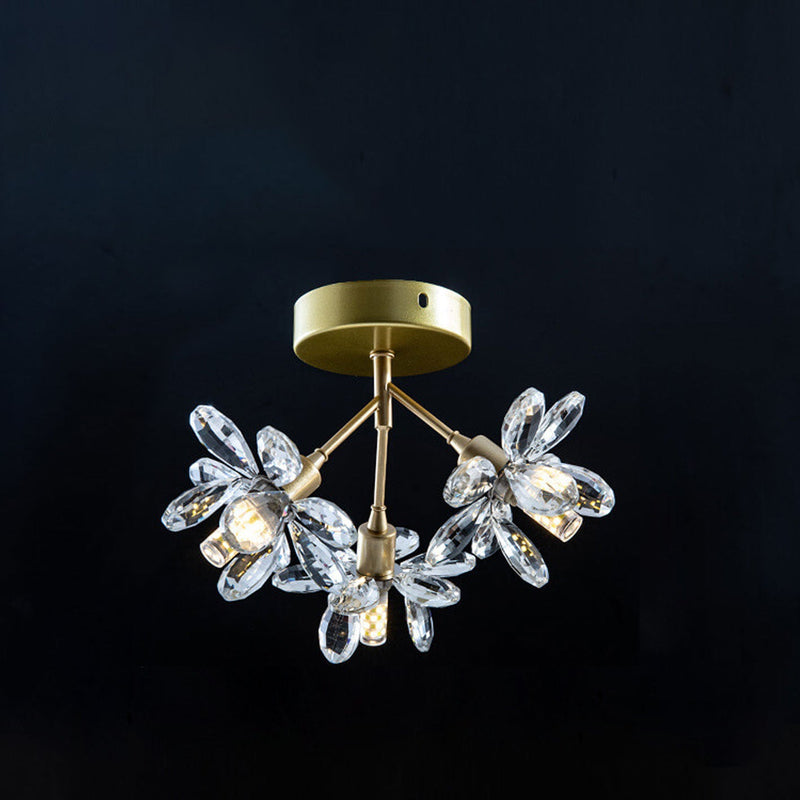 Modern Light Luxury Crystal Flower Design 3-Light Semi-Flush Mount Light