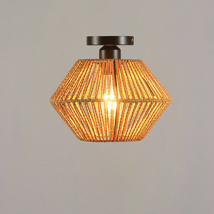 Traditional Vintage Solid Wood Rope Weaving Lantern Cage Wood 1-Light Pendant Ceiling Light for Living Room