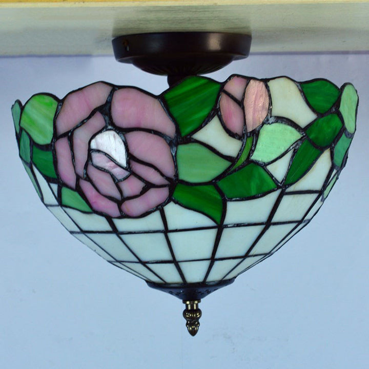 Traditional Tiffany Stained Glass Iron Bowl Round 2-Light Semi-Flush Mount Ceiling Light for Living Room