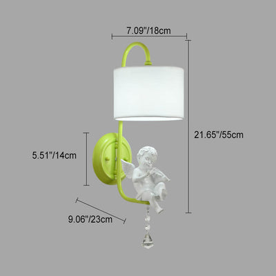 French Cream Angel Iron Crystal Resin Fabric 1-Light Wall Sconce Lamp