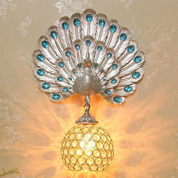European Vintage Crystal Peacock Shape 1-Light Wall Sconce Lamp