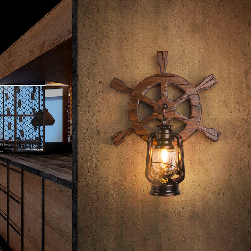 Retro Industrial Wood Iron 1-Light Wall Sconce Lamp