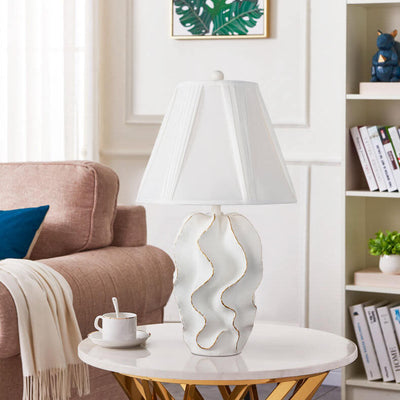 Lampe de table à 1 lumière à base de résine rayée en tissu blanc de luxe moderne 