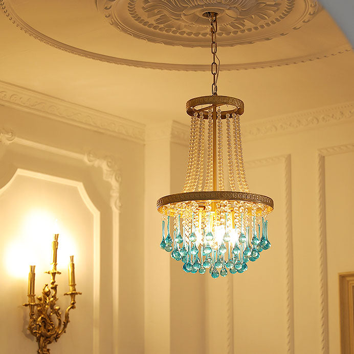 Lámpara de araña ovalada multicapa de cristal y hierro de lujo contemporáneo de 4 luces para sala de estar y dormitorio 